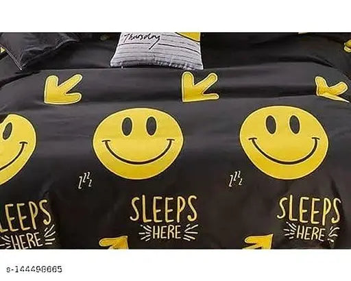 Black Glace Cotton Smile Design Double Bed Bedsheet Set, 220 TC, 90x90 inches with 2 pillow covers, 16x26 inches, ideal for kids, summer use