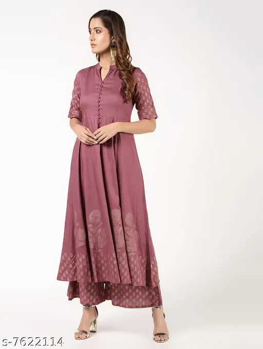 Rayon Anarkali printed long kurti with palazzos, Indian fashion for women's festive wear, short-sleeved rayon set with matching bottomwear
