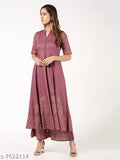 Rayon Anarkali printed long kurti with palazzos, Indian fashion for women's festive wear, short-sleeved rayon set with matching bottomwear
