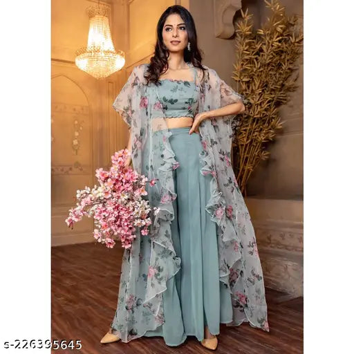 Trendy women's georgette set with three-quarter sleeves, India-made fashion top & bottom on display