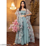 Trendy women's georgette set with three-quarter sleeves, India-made fashion top & bottom on display