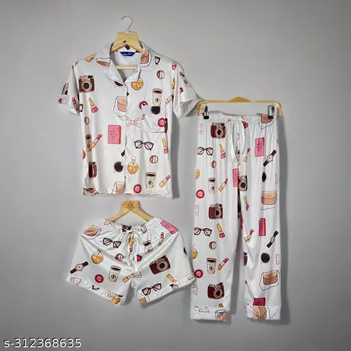 Quirky print silk blend ladies night suit, set of 3-piece including shirt, pajamas, and shorts, luxurious yet comfortable sleepwear from India