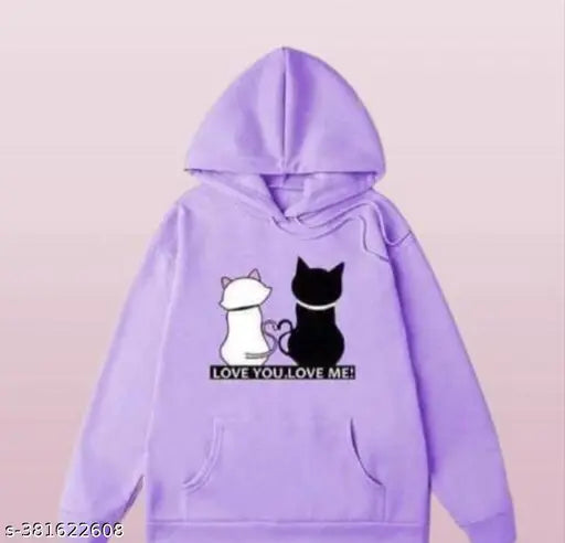 Fleece long sleeves women's hoodie with stylish cat prints, solid color, size XS-XL, origin India