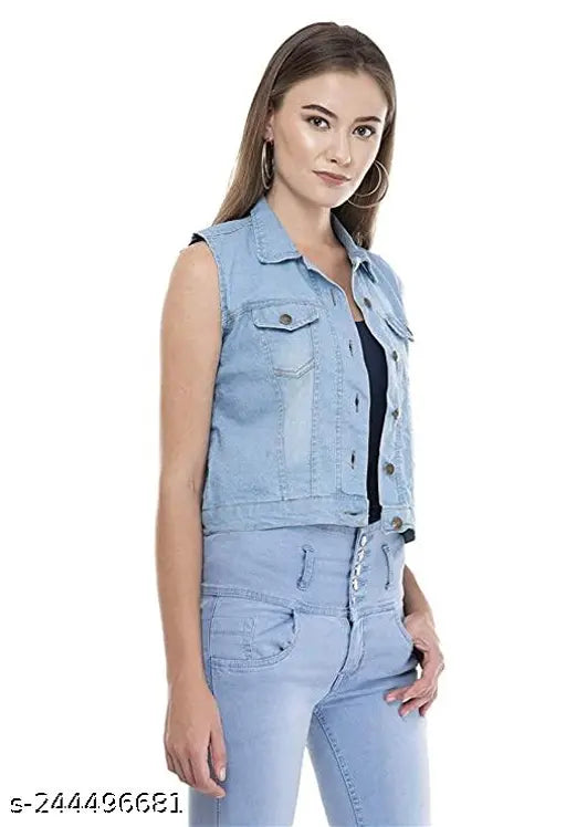 Solid denim women's sleeveless jacket, navy blue, made in India
