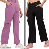Trendy cotton-lycra cargo pants combo for women & girls (2pcs), solid net design, XS-XXL sizes, suitable for nightwear, casual, gym, sports, and evening wear. Black cargo pants for women, women's cargo pant, cargo for women, baggy cargo for women - India origin