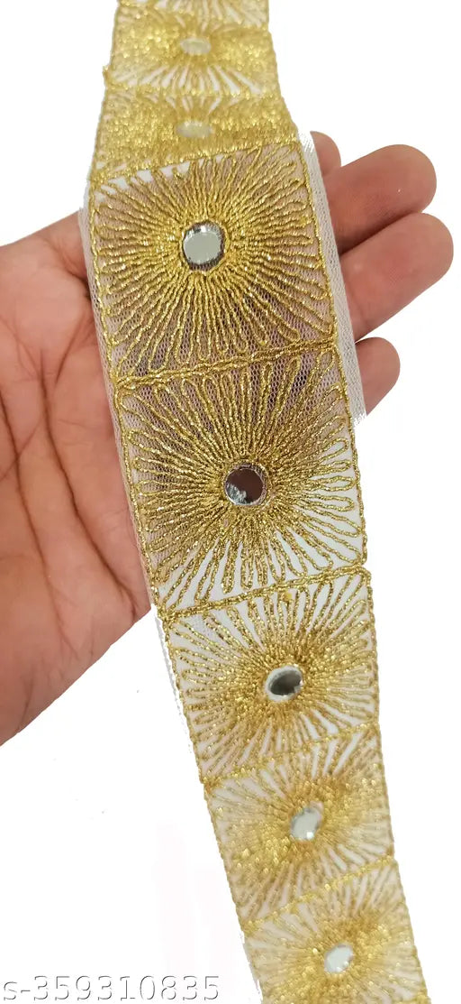 Gold Mirror work embroidery lace ribbon, 5cm x 9m, for Indian sarees, blouses, lehengas, dupattas, and more
