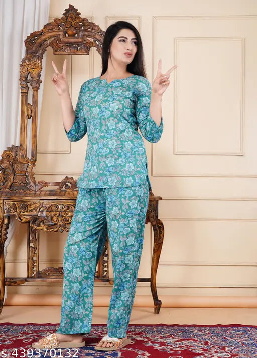 Pure cotton printed daily wear nightsuit, Indian-made women's pyjamas with three-quarter sleeves and good stitching quality