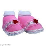 Cotton unisex flower booties/socks for baby, RK4-Pink-R3, slip-on design, ideal for ages 0-12 months. Soft and breathable with elasticized fastening