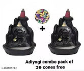 Poly resin Adi Shankara Adiyogi backflow fountain statue combo, 20 cones, India-made waterfall smoke effect decor