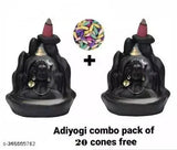 Poly resin Adi Shankara Adiyogi backflow fountain statue combo, 20 cones, India-made waterfall smoke effect decor