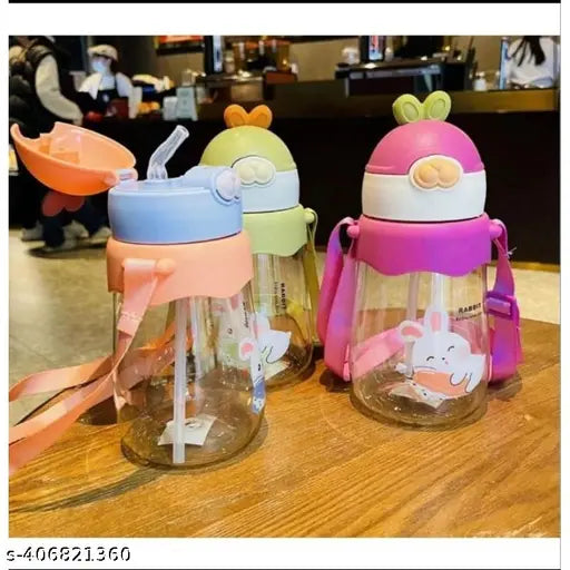 Multicolor Greenfinch Rabbit cartoon baby plastic water bottle set, 650ml leak-proof sipper with straw strap