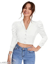 Women's polyester long-sleeve t-shirt, solid design in trendy crop top style (S:34in, 14in / M:36in, 14in / L:38in, 15in / XL:40in, 15in), lapel collar with puff sleeves
