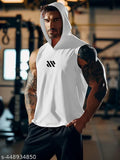 QuickDry hooded sleeveless gym vest/tank in assorted colors for men, made of polyester with slight stretch, perfect for workout sessions