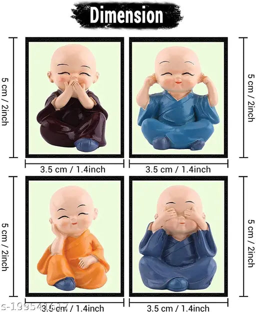 Adorable polyresin laughing baby monk Buddha statue set (4pcs), handcrafted Indian art for home decor & car dashboard - ideal Feng Shui gift, Thanksgiving, anniversary, Easter, birthday, wedding