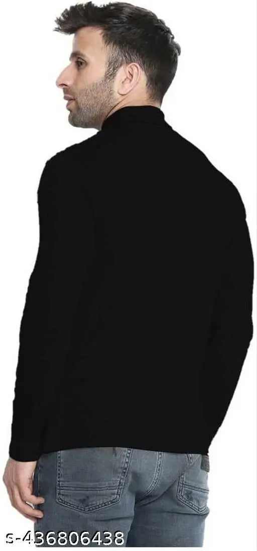 Black men's high neck, long sleeves cotton T-shirt by GlamStore - Comfortable, trendy, and stylish black Solid t-shirt for men