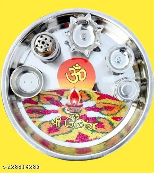 Heavy stainless steel puja thali set, silver-plated, includes incense holder, diya stand, small katori - perfect for spiritual ceremonies like Grah Pravesh, Raksha Bandhan, Ganesh Chaturthi, Navaratra, Diwali, and more. Made in India