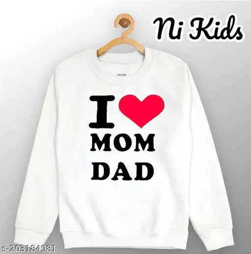White cotton blend boys sweatshirt with "I Love Mom Dad" print, perfect for fashionable kids' wear