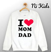 White cotton blend boys sweatshirt with "I Love Mom Dad" print, perfect for fashionable kids' wear
