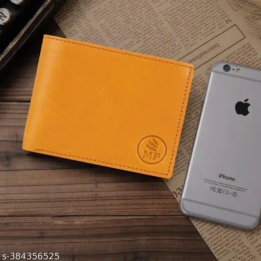 Yellow genuine leather wallet for men's casual, formal, or party events. Solid design with 5 card slots and 2 compartments, free size (11cm x 1cm). Made in India