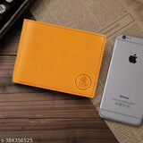 Yellow genuine leather wallet for men's casual, formal, or party events. Solid design with 5 card slots and 2 compartments, free size (11cm x 1cm). Made in India