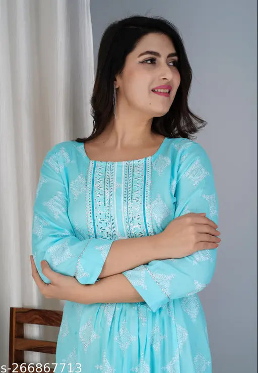 Gold blue printed 3/4 sleeve rayon anarkali kurta for women, traditional Indian fashion on display