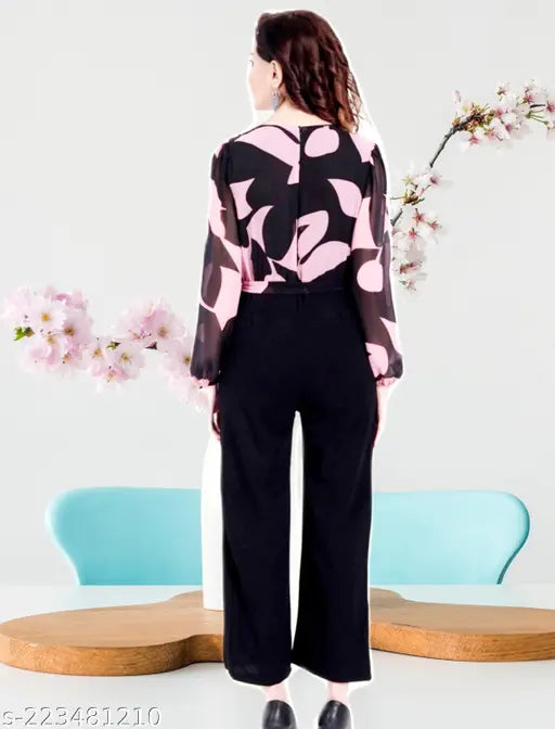 Stylish printed georgette jumpsuit for women, long sleeves, various sizes available from XS to XXL, India-made