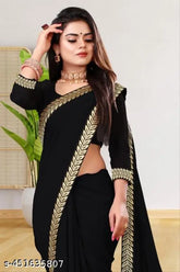 Black Georgette Maharani Lace Saree with Separate Silk Blouse, intricate lace border