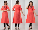 Cotton slub printed Aline kurti, solid combo, short sleeves, sizes: XS-4XL