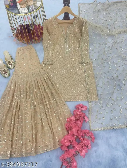 Designer Georgette Plazzo set with dupatta & net bottomwear, embellished long-sleeved Indian party wear top and accessories, XL size from India