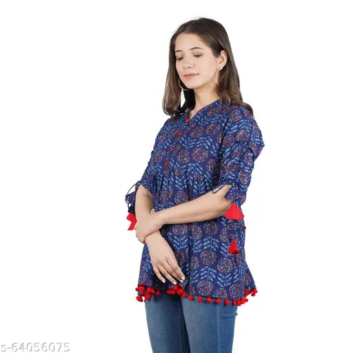 Cotton three-quarter sleeve printed tunic for women, stylish feminine top from India