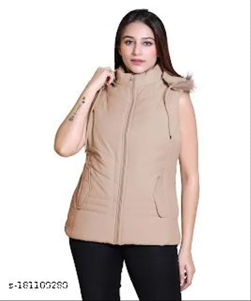 Nylon sleeveless winter jacket for women, solid pattern, zip closure, premium quality material