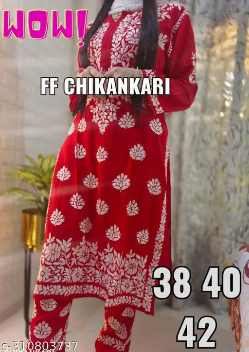 Elegant red chickenwork rayon kurti with plazzo, embroidered and printed, Indian designer ethnic wear for women