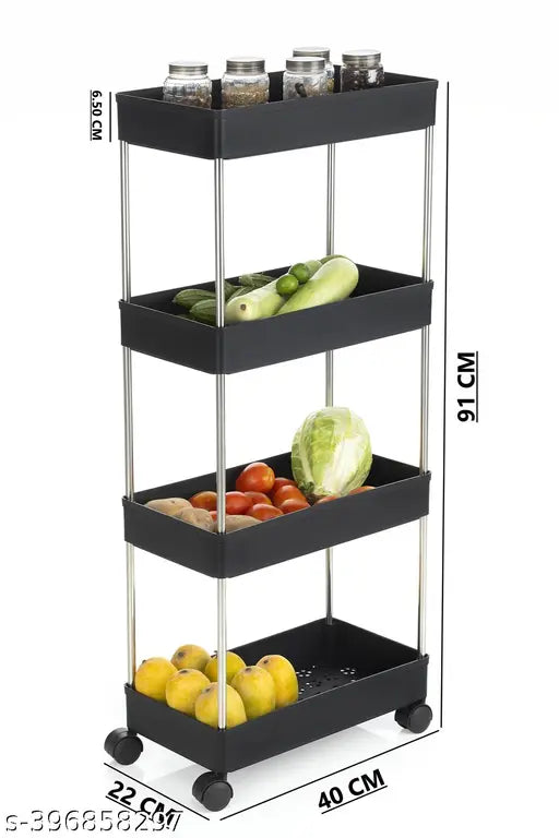 Black plastic vegetable kitchen trolley, shelf-4 for home organization