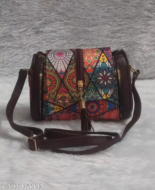 Elegant casual silk Patola small sling bag, printed net, 3 compartments, zip closures, free size, India origin