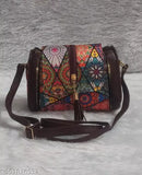 Elegant casual silk Patola small sling bag, printed net, 3 compartments, zip closures, free size, India origin