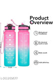 Multicolor unbreakable water bottle with motivational time marker, BPA-free, leakproof, perfect for office or gym, humanized design with flip-top lid and buckle handle