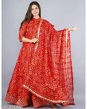 Cotton silk Rajasthani Bandhni Ghadchola Lehenga Choli set with matching dupatta and bottomwear, traditional printed Kurta featuring three-quarter sleeves, single quantity set available in sizes S, M, L, XL, XXL. Indian handcrafted lehenga with free waist (44) and length (41)