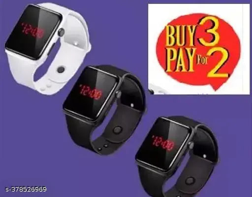 Black silicone strap, rectangular digital sport watch for young boys (pack 3), red dial with fancy square design, ideal for unisex, made in India