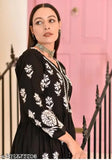 Black Rayon Kurta with Palazzos, embroidered net, three-quarter sleeves. Single size S (34in bust, 15in shoulder), available up to XXL. Made in India