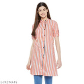 Orange and white striped cotton tunic for women, short sleeves, size N, made in India