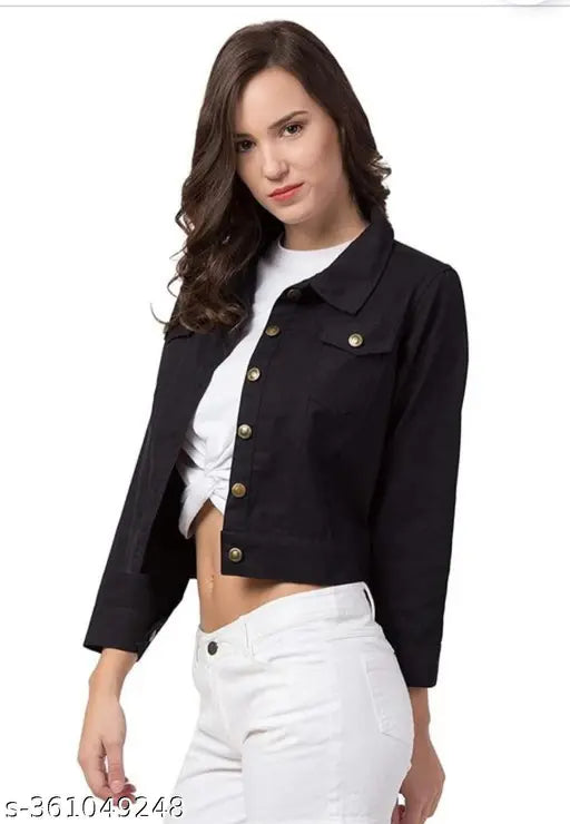 Denim women's classic jacket, solid color, long sleeves, sizes S-XL, Indian origin