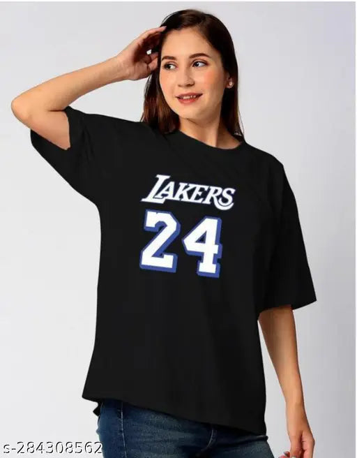 Oversize lakers printed cotton t-shirt for women, vibrant design in short sleeves, size N from India