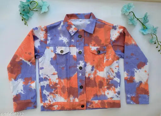 Tie dye denim jacket, vibrant washed pattern, free size (37in bust, 19in length), handcrafted Indian apparel