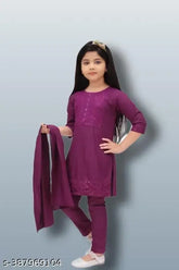 Stylish cotton blend kurti pajama set for girls, embroidered top with lace net bottoms - pack of 3 in various sizes from 4-5 years to 9-10 years. Made in India