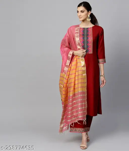 Maroon cotton kurti set for women's, includes palazzo bottomwear and dupatta. Solid net, three-quarter sleeves, pack of 3 sizes: XS-XXL