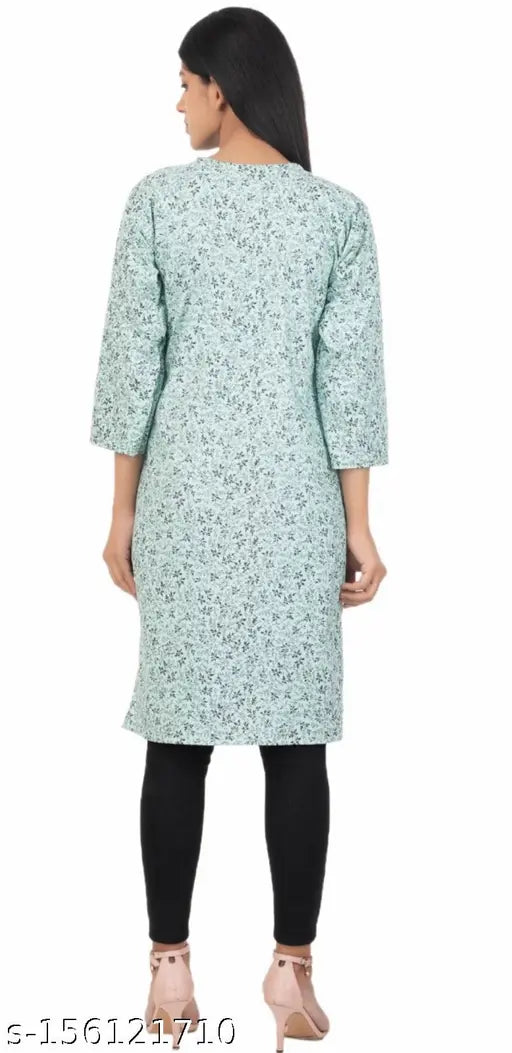 Stylish black printed green cotton kurti, three-quarter sleeves. Women's and girls' Indian fashion