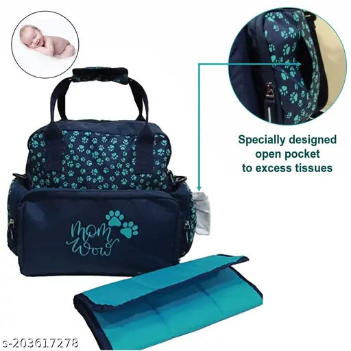 Large, blue diaper bag with zipper closure, spacious design for baby essentials and mom's items. Includes detachable changing pad and easy access front pocket. Perfect for newborns and baby shower gifts