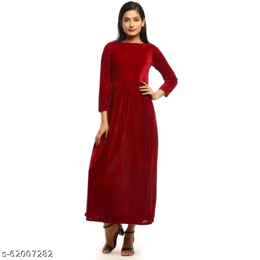 Solid red velvet fit and flare winter kurti, three-quarter sleeve women's fashion on mannequin