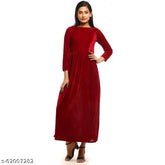 Solid red velvet fit and flare winter kurti, three-quarter sleeve women's fashion on mannequin