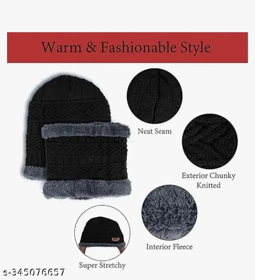 Black unisex wool beanie cap with faux fur inner & neck muffler, winter combo set - warm & stylish accessory for cold weather